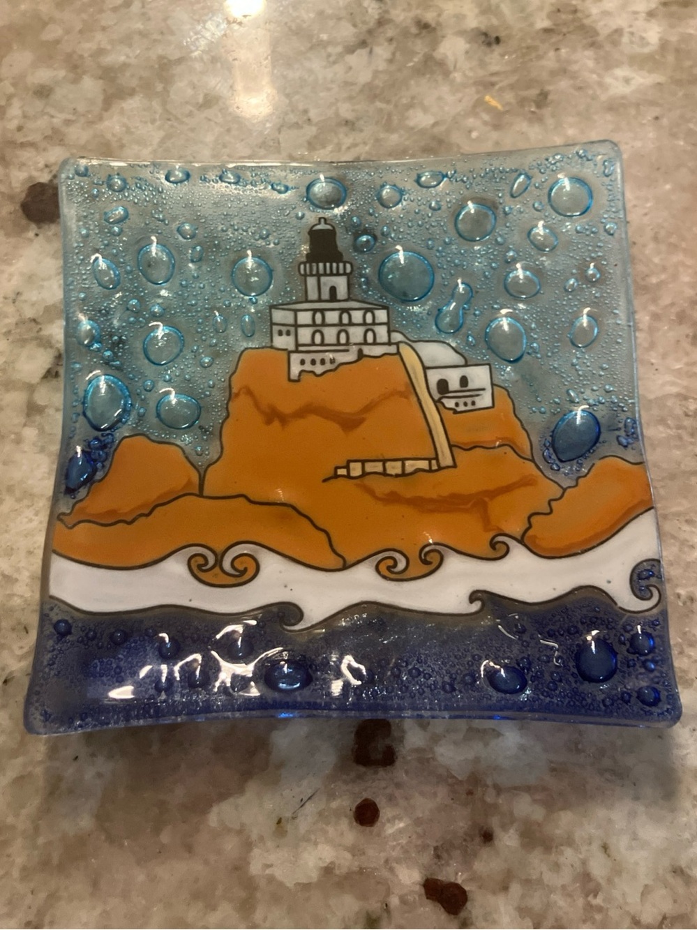 Handcrafted Blue and Orange Lighthouse Glass Art Trinket Plate